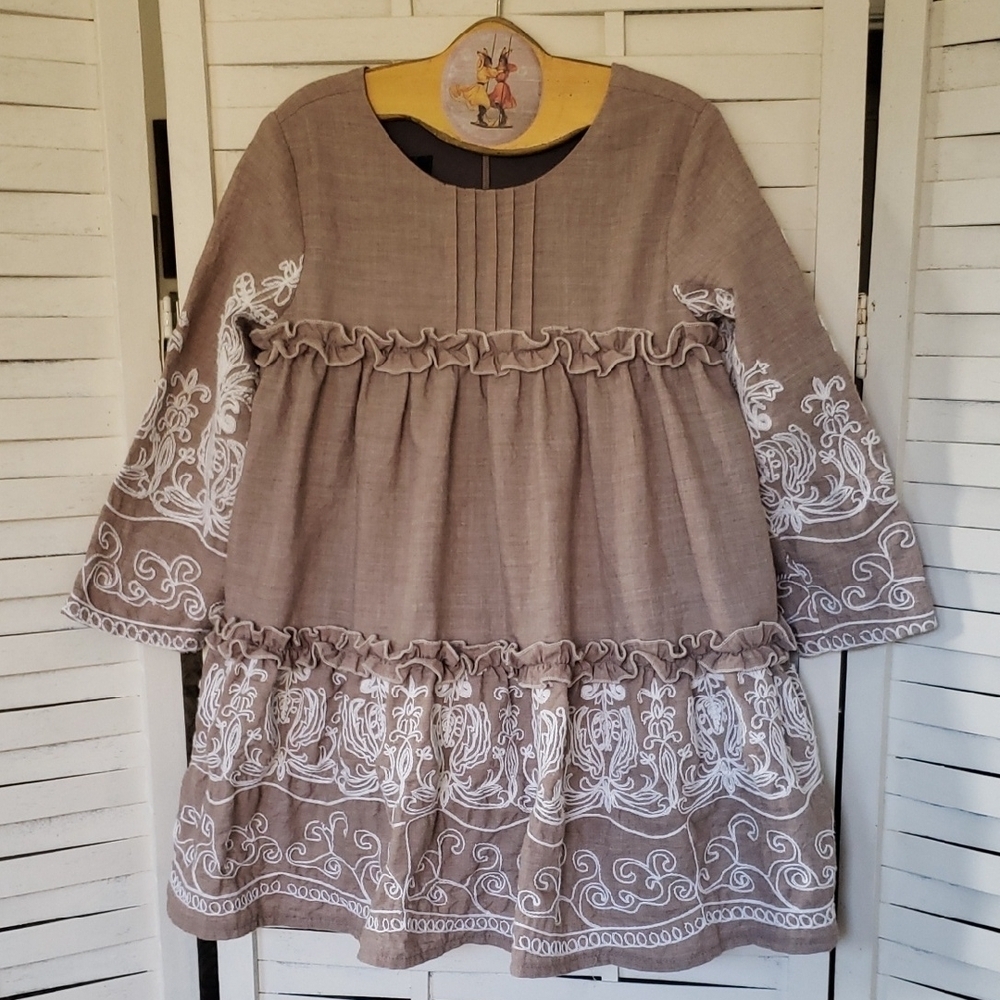Elegant Brown Kids Dress with White Embroidery